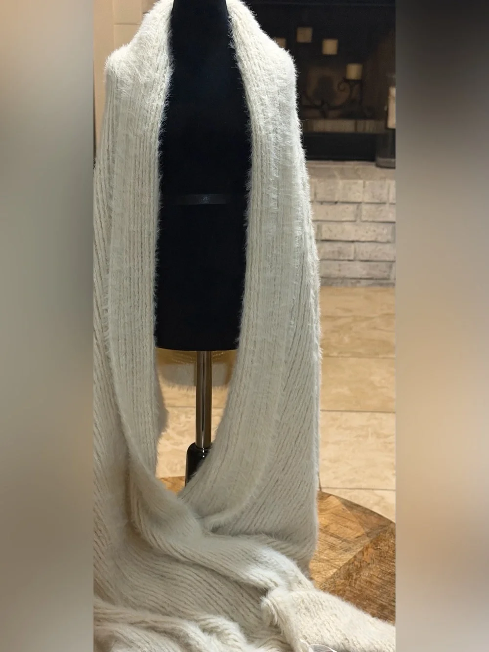 Free People Winter Chill Soft Fuzzy Fringe Blanket Scarf 80x32”  Beige